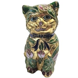 Vintage Colorful Collectible Cloisonné Enamel Cat Figurine Brass Miniature